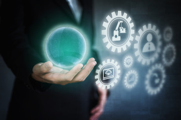 Business women holding world digital with digital button screen. business technology concept.