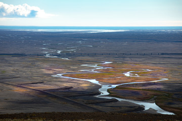 landscape of iceland with river and ocean