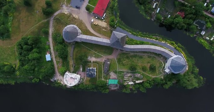 Area of Old Ladoga fortress. It is fort and the Museum of the Archeology with ancient architecture on cross of Volkhov and Yelena rivers. Top view. The Staraya (Old) Ladoga, Leningrad district, Russia
