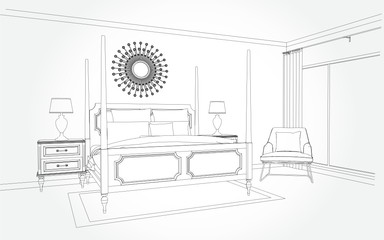 Linear sketch of an interior. Room plan. Sketch Line bedrooms. Vector illustration.outline sketch drawing perspective of a interior space