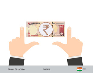 Fototapeta premium 1000 Indian Rupee Banknote. Business hands measuring banknote. Flat style vector illustration. Business finance concept.