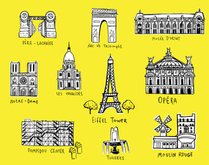 Paris city sights illustrations
