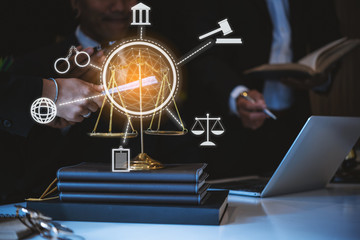 Innovations connection icons. Lawyers having team meeting at law firm. justice and law ,attorney,...