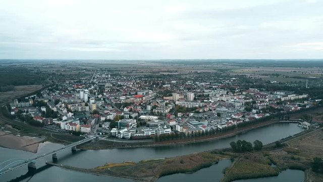 Aerial view of Polish town of Slubice and the Oder river on Germany and Poland border