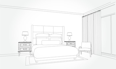 Linear sketch of an interior. Room plan. Sketch Line bedrooms. Vector illustration.outline sketch drawing perspective of a interior space