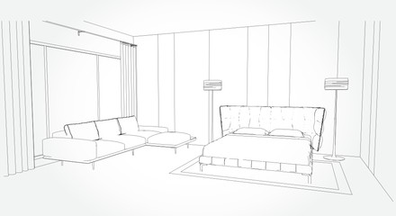 Linear sketch of an interior. Room plan. Sketch Line bedrooms. Vector illustration.outline sketch drawing perspective of a interior space