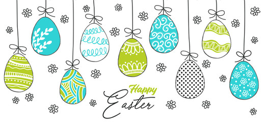 Happy Easter greeting card blue and green with hand drawn modern eggs. Vector illustration. 