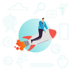 Businessman Flying on a Rocket. Business Startup, Career Boost, Success Achievement Concept. Office Worker Character with Rocket. Vector illustration