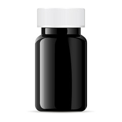 Pills bottle. Black medical glass or glossy plastic container for drugs, diet, nutritional supplements. Vector illustration isolated on white background.
