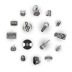 Music black comics icons set isolated on white background