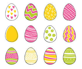 Happy Easter greeting templates card colors green, pink, yellow with hand drawn modern eggs. Vector illustration. 