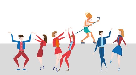 Female pop-star performing in front of the audience. Musical show and the crowd. Flat vector illustration, horizontal.