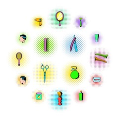 Barber shop elements icons set in comics style on a white background  