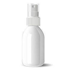 Realistic white glossy glass or plastic Cosmetic bottle can sprayer container. Dispenser cockup template for cream, soups, and other cosmetics or medical products. Vector illustration.