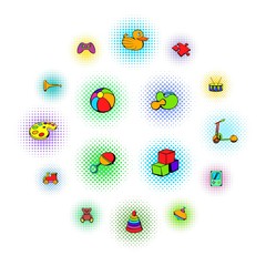 Toys icons set in comics style on a white background  
