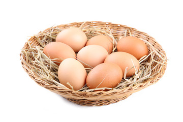 Close up. Fresh Chicken eggs in basket
