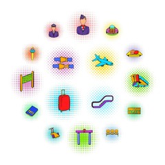 Airport set icons in comics style on a white background  
