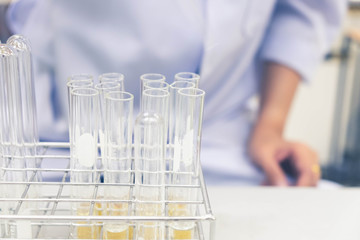 Scientist experimental with glassware. Laboratory research yellow liquid bio oil in glass.