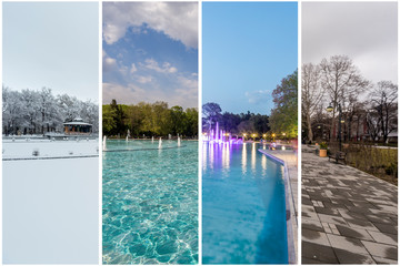 Four seasons concept. The effect of the 4 seasons on the urban environment. Four pictures of one place captured during one year and seamlessly blended in one photography composite.