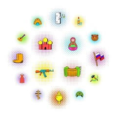 Russia set icons in comics style on a white background  