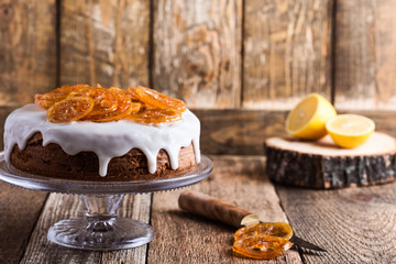Citrus cake with lemon glaze and candied fruit slices