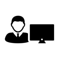 Customer icon vector male person user with computer monitor screen avatar in flat color in Glyph Pictogram Symbol illustration