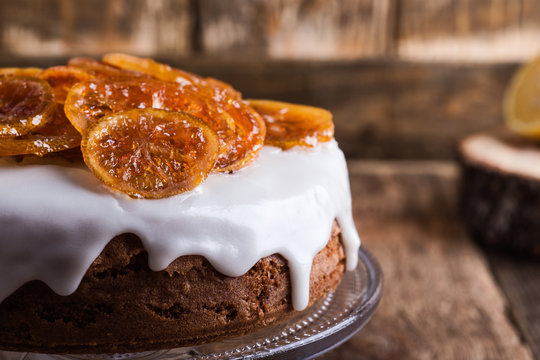 Citrus cake with lemon glaze and candied fruit slices