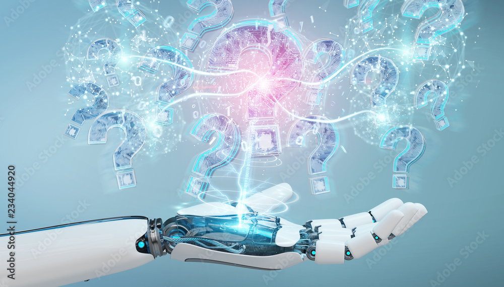 Poster cyborg solving problem with digital question marks 3d rendering
