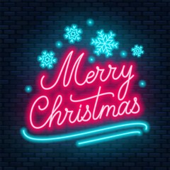 Neon lettering Merry Christmas on dark background. Greeting card .