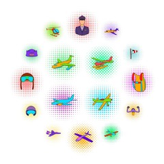 Aviation Icon Set in pop-art style isolated on white background