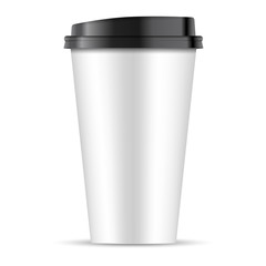 White paper coffee Cup with black lid isolated on white background. 3d realistic Coffee Cup Mockup. EPS10 Vector Template design illustration.