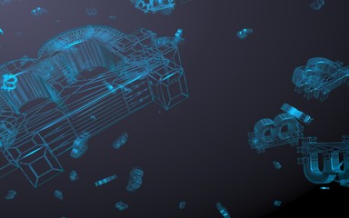 Digital currency symbol Bitcoin on a dark background. Fall of bitcoin. Cryptocurrency graph on virtual screen. Business, Finance and technology concept. 3D illustration