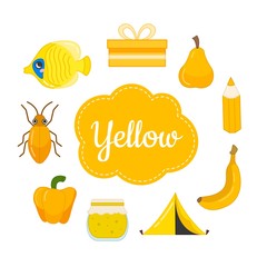 Learn the primary colors. Yellow. Different objects in yellow color. Educational material for children and toddlers.
