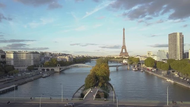 Aerial shot of Paris Eiffel Tower and Seine River