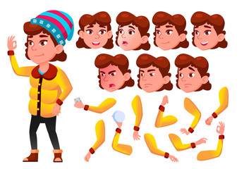 Girl, Child, Kid, Teen Vector. Cheerful Pupil. Face Emotions, Various Gestures. Animation Creation Set. Isolated Flat Cartoon Character Illustration