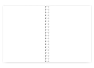 Open white blank wire bound letter size notebook with light metal spiral