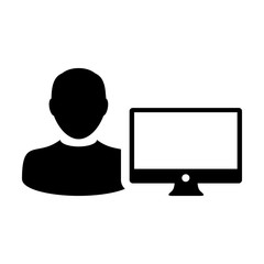 Office icon vector male person user with computer monitor screen avatar in flat color in Glyph Pictogram Symbol illustration