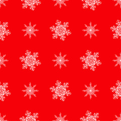 Winter seamless background with snowflakes for greeting card or invitation. Merry Christmas and Happy New Year design element. Bright red vector backdrop.