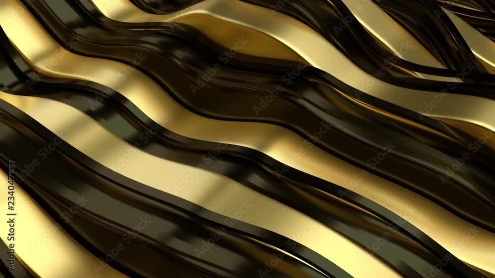 Poster 3d abstract render background with metal waves. loopable animation. decorative golden reflective mat