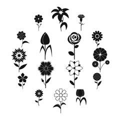 Flower icons set in black simple style for any design