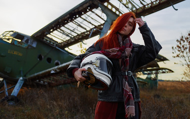 Portrait girl with flight helmet