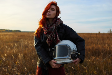 Portrait girl with flight helmet