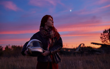 Portrait girl with flight helmet