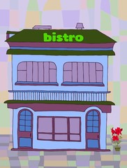 Hand drawn building bistro on a colored background.