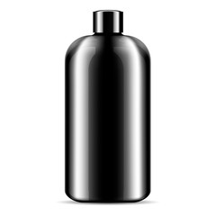 Shampoo shower gel bubble bath cosmetics bottle mockup. Black cosmetic product package illustration. 3d design template.