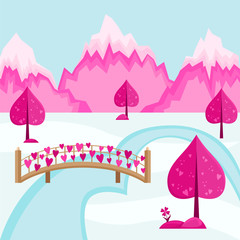 Valentine's day background. Mountain landscape of the village of Love. Bridge hung with hearts