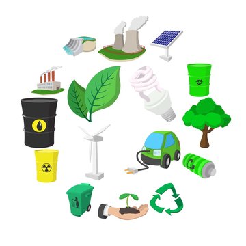 Ecology cartoon icons set. 16 color symbols