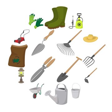 Garden cartoon icons set. Color symbols with grass, watertights, watering can