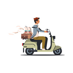 businessman riding scooter with business office papers documents box files folder concept isolated flat vector illustration