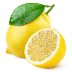 Ripe yellow lemon citrus fruit with green leaf and half isolated on white background. Lemons with clipping path. Full depth of field.